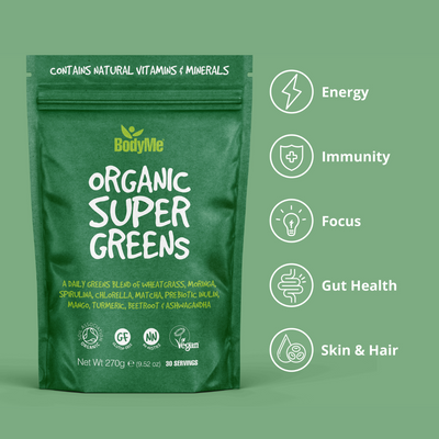 BodyMe Daily Greens Powder with 10 Organic Superfoods including Wheatgrass, Moringa, Spirulina, Chorella, Matcha, Prebiotic Inulin, Mango, Turmeric, Beetroot and Ashwagandha