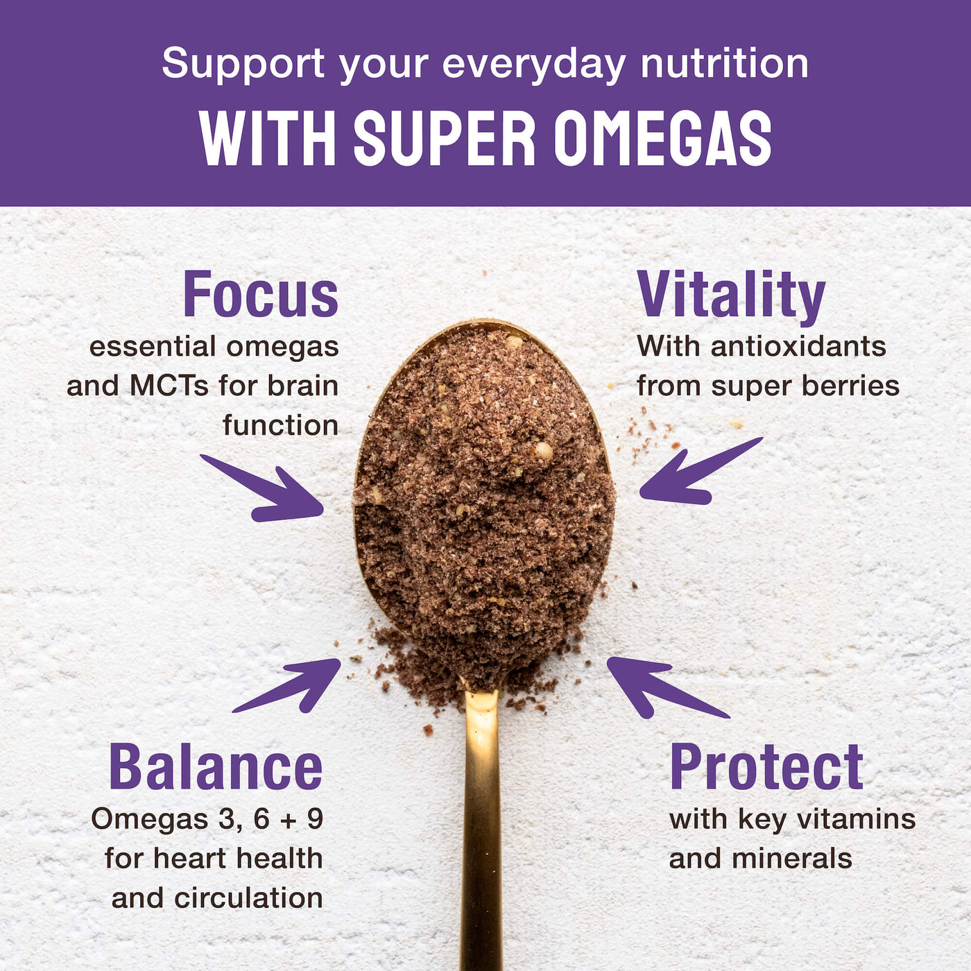 BodyMe organic vegan omegas superfood powder with flaxseed, chia seeds, hemp seeds, blueberry, coconut and acai berry