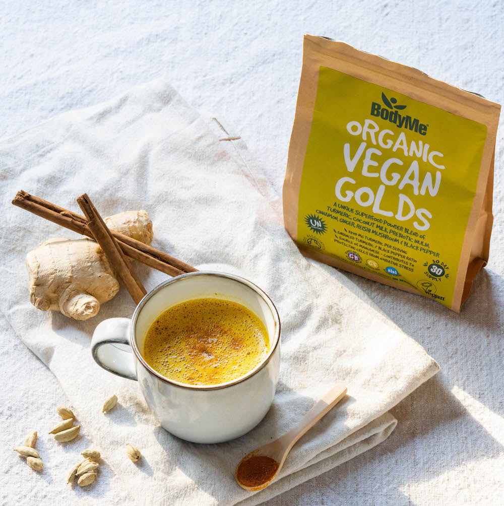 BodyMe Organic Golds Superfood Powder With Turmeric Coconut Milk Prebiotic Inulin Cinnamon Ginger Reishi Mushroom